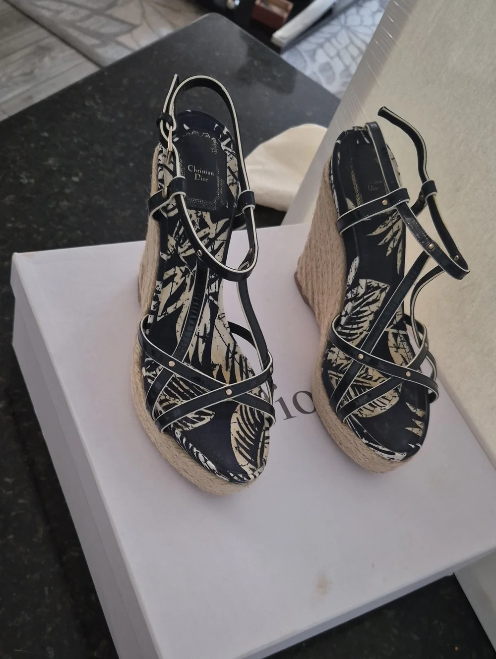 Dior Black Strappy Espadrille Wedge Sandals with Natural Rope Platform